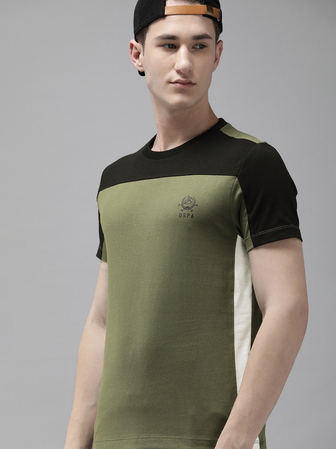 

U S Polo Assn Men Colourblocked Slim Fit T-shirt, Olive