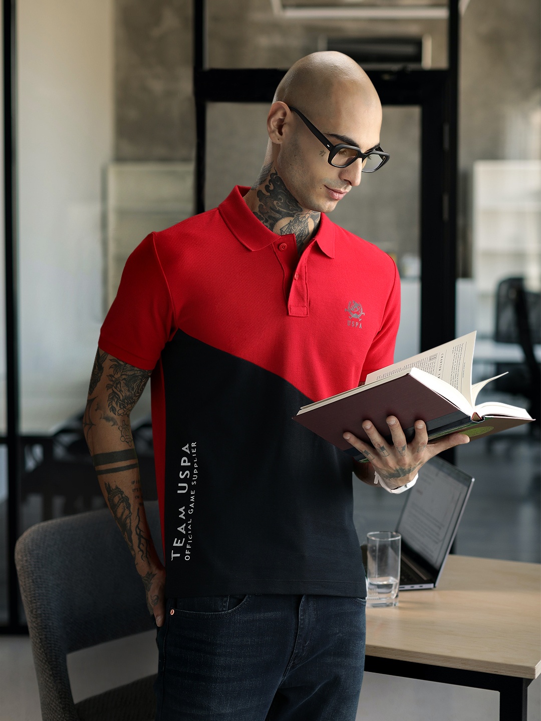 U.S. Polo Assn. Men Colourblocked Polo Collar Casual T-shirt, Red