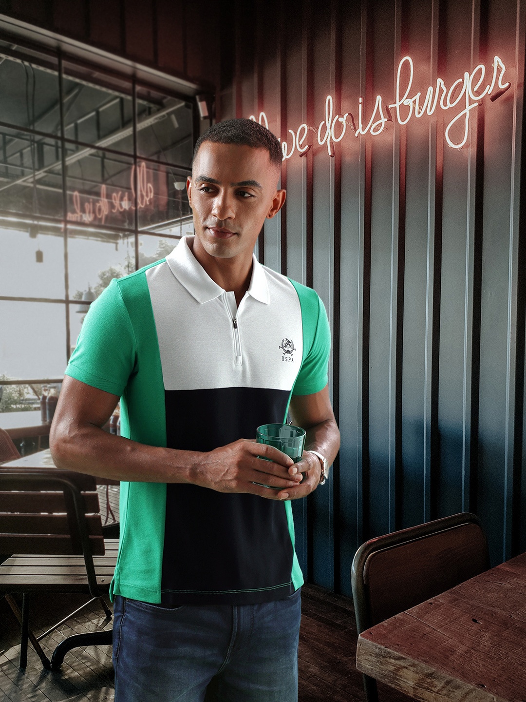 

U S Polo Assn Men Colourblocked Polo Collar Slim Fit T-shirt, Green