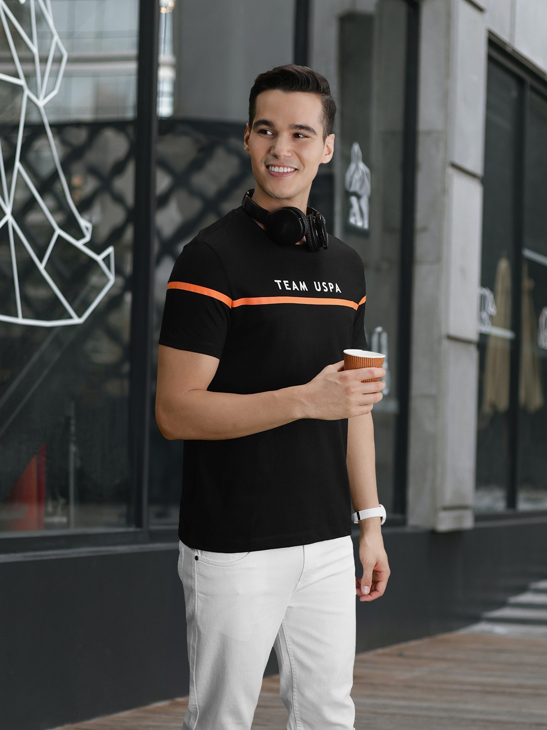 

U.S. Polo Assn. Men Brand Logo Printed T-shirt With Striped Detailing, Black