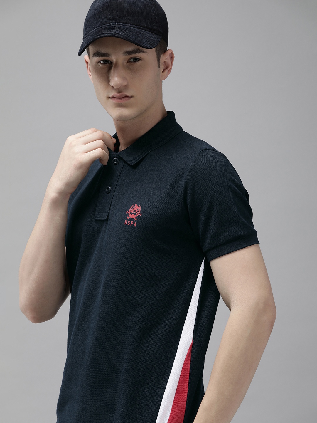 

U.S. Polo Assn. Men Solid Polo Collar Casual T-shirt With Striped Detail, Navy blue