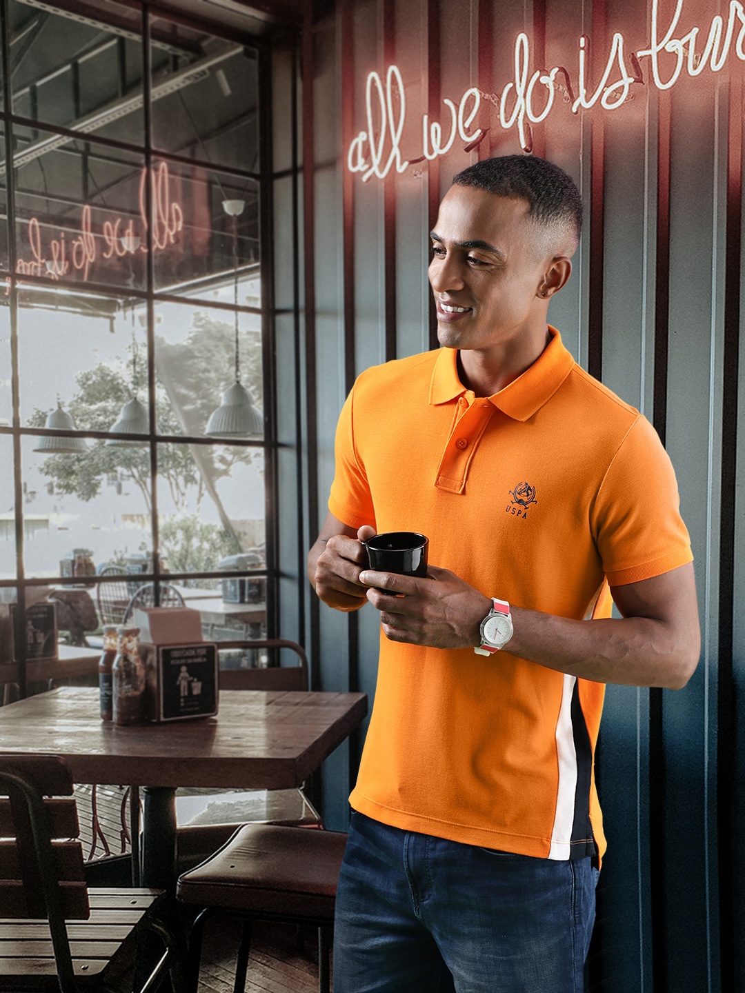 

U.S. Polo Assn. Men Solid Polo Collar Casual T-shirt With Striped Detail, Orange