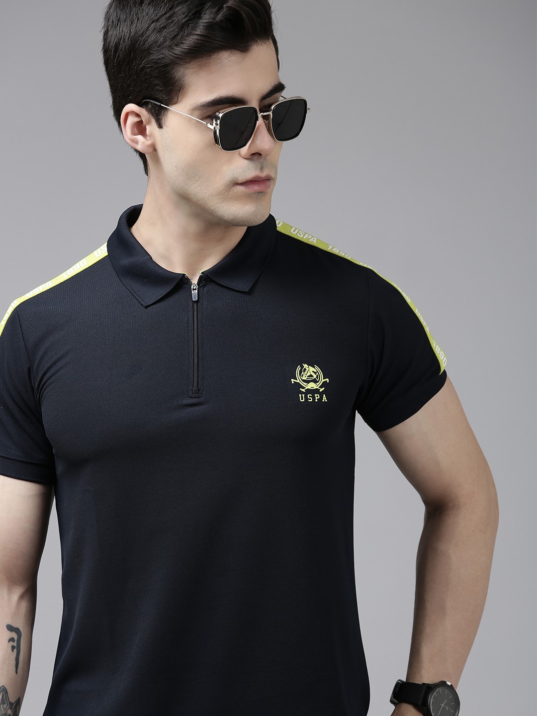 

U S Polo Assn Men Solid Polo Collar T-shirt With Brand Logo Tape Detailing, Navy blue
