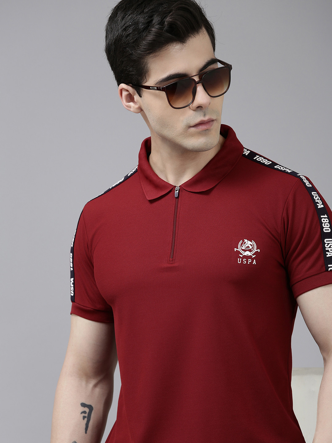 

U S Polo Assn Men Solid Polo Collar T-shirt With Brand Logo Tape Detailing, Maroon