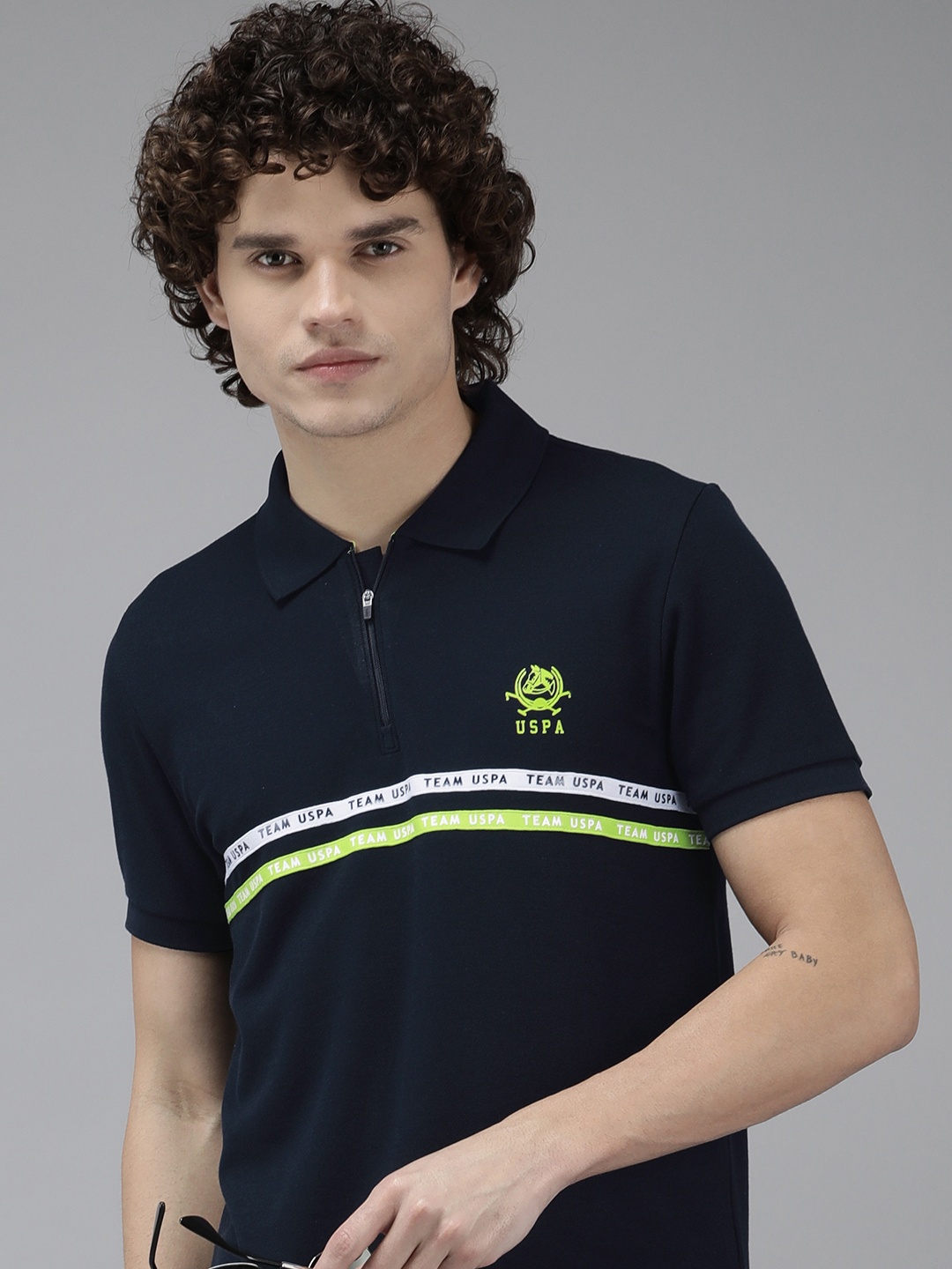 

U S Polo Assn Men Striped Polo Collar Slim Fit T-shirt, Navy blue