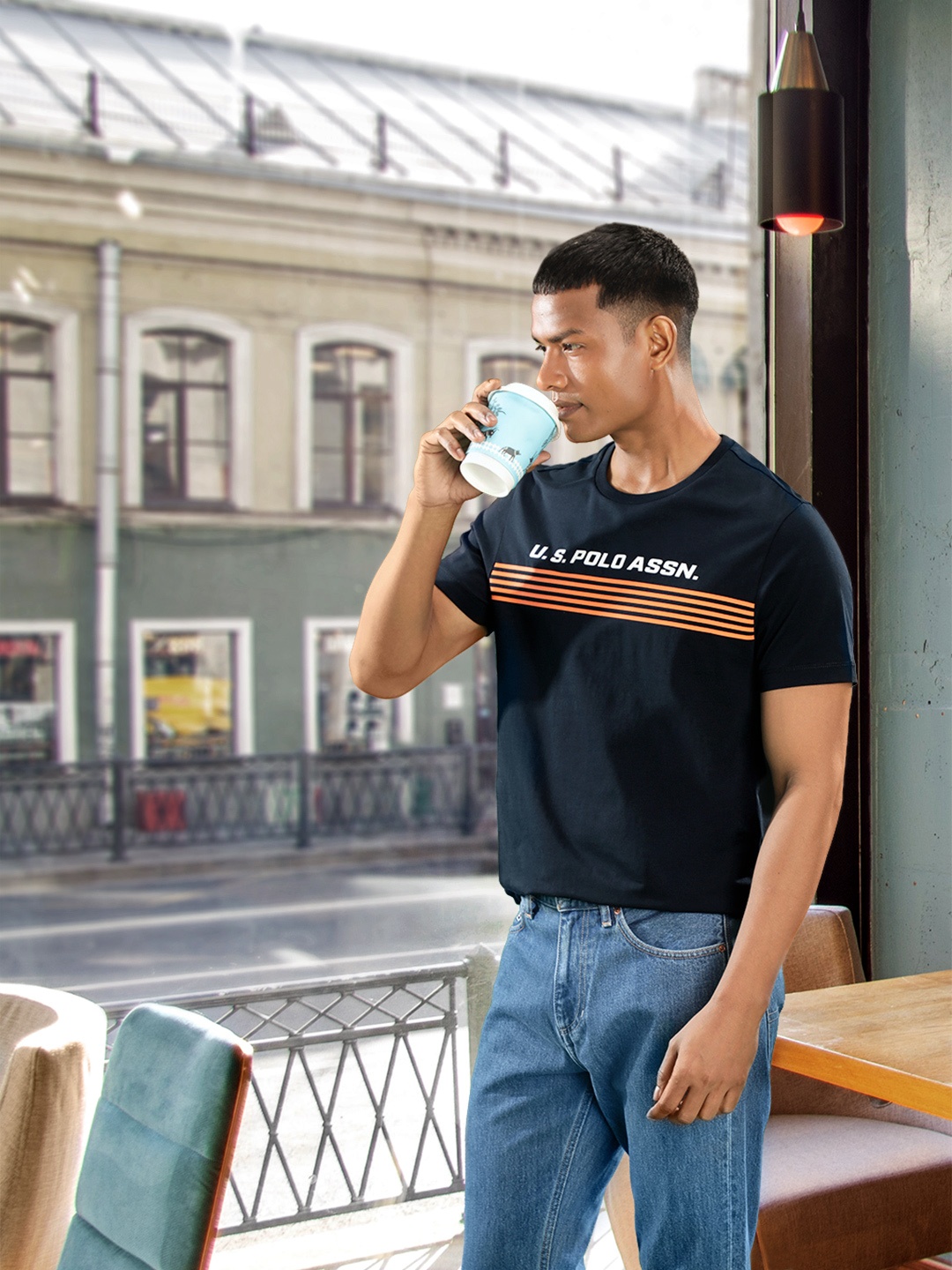 U S Polo Assn Men Brand Logo Striped Slim Fit T-shirt, Navy blue