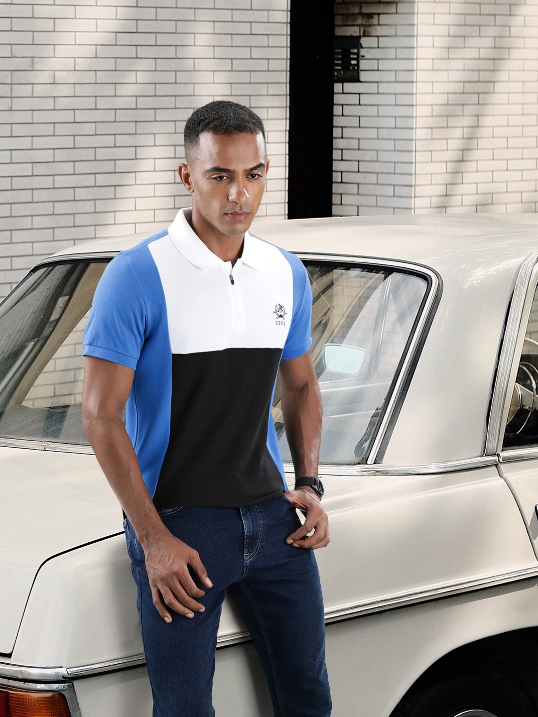 

U S Polo Assn Men Colourblocked Polo Collar Slim Fit T-shirt, Blue