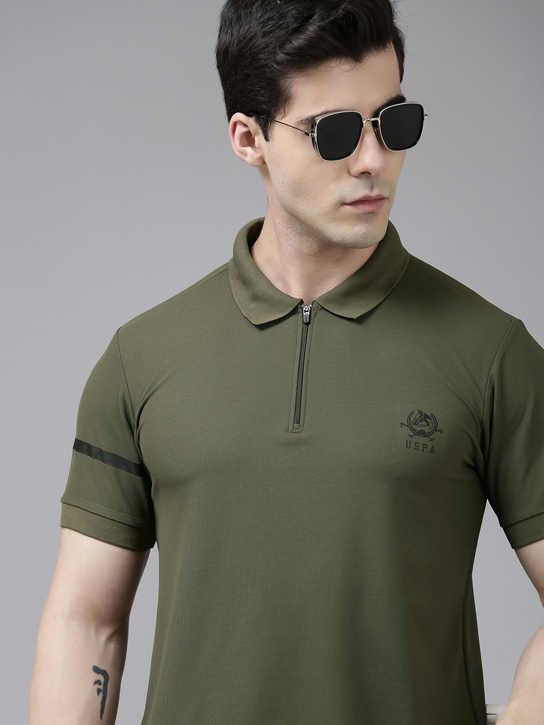

U.S. Polo Assn. Men Solid Polo Collar Slim Fit T-shirt With Minimal Brand Logo Print, Olive