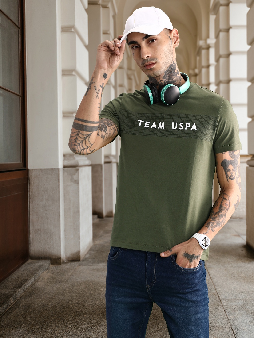 U.S. Polo Assn. Men Brand Logo Printed Round Neck T-shirt, Olive