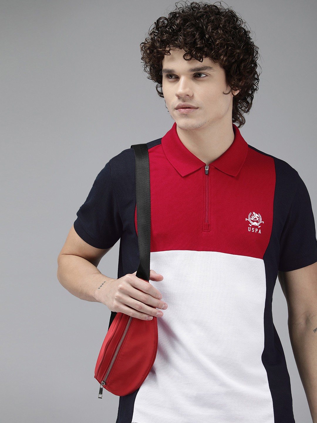 

U S Polo Assn Men Colourblocked Polo Collar Slim Fit T-shirt, Navy blue