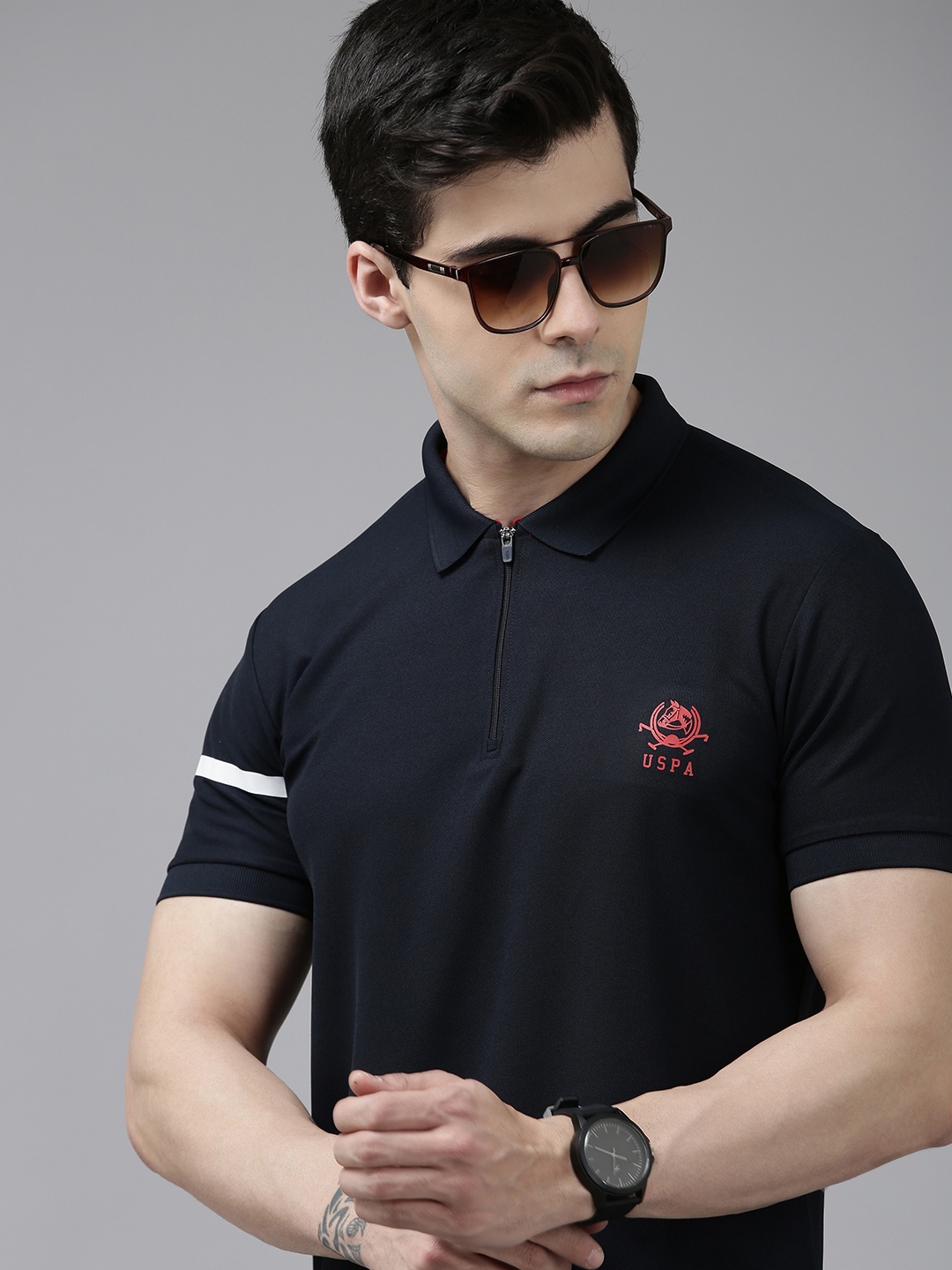

U.S. Polo Assn. Men Solid Polo Collar Slim Fit T-shirt With Minimal Brand Logo Print, Navy blue