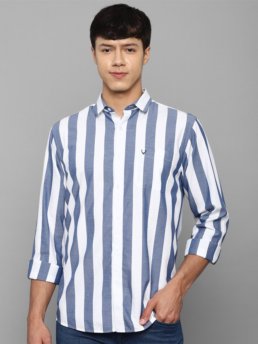 

Allen Solly Men Grey Slim Fit Striped Pure Cotton Casual Shirt