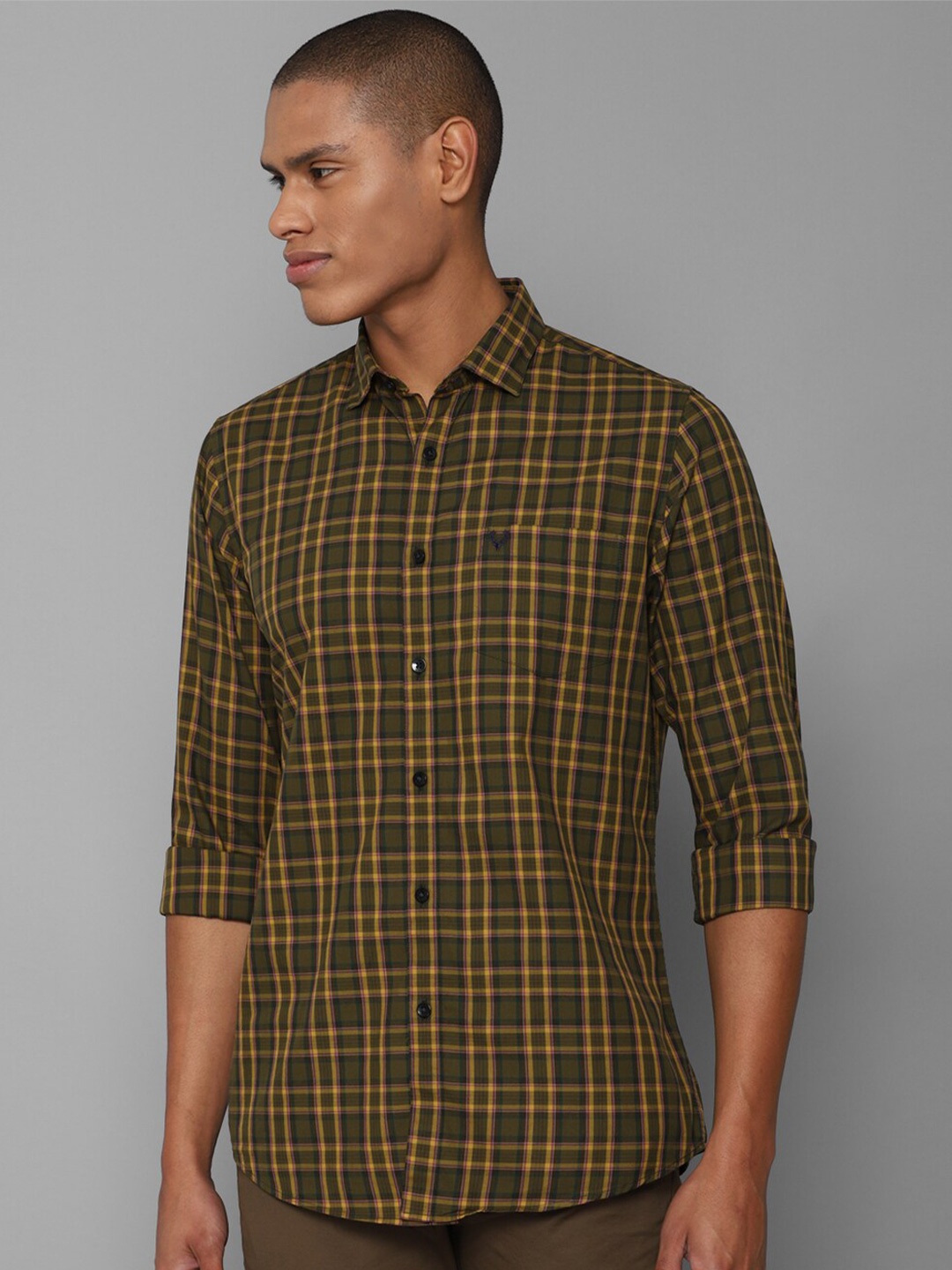 

Allen Solly Men Olive Green Slim Fit Tartan Checks Pure Cotton Casual Shirt