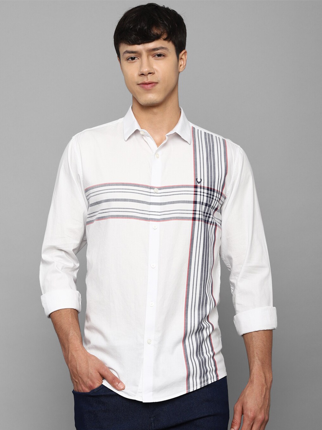 

Allen Solly Men Slim Fit Striped Pure Cotton Casual Shirt, Cream