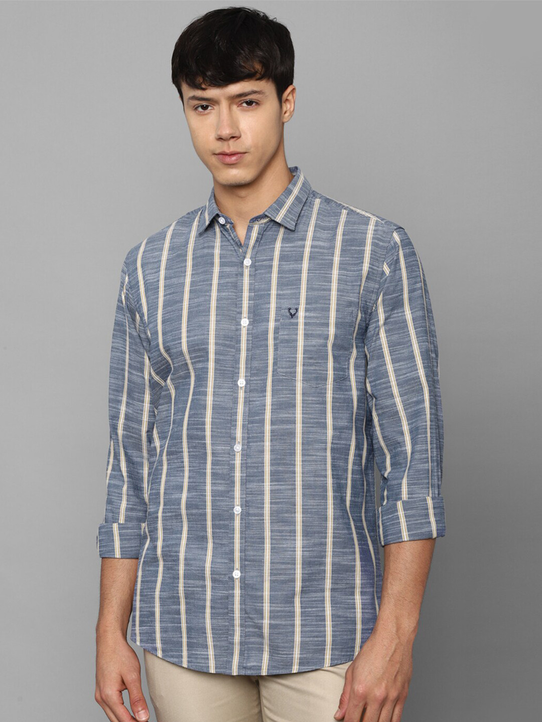 

Allen Solly Men Grey Slim Fit Striped Pure Cotton Casual Shirt