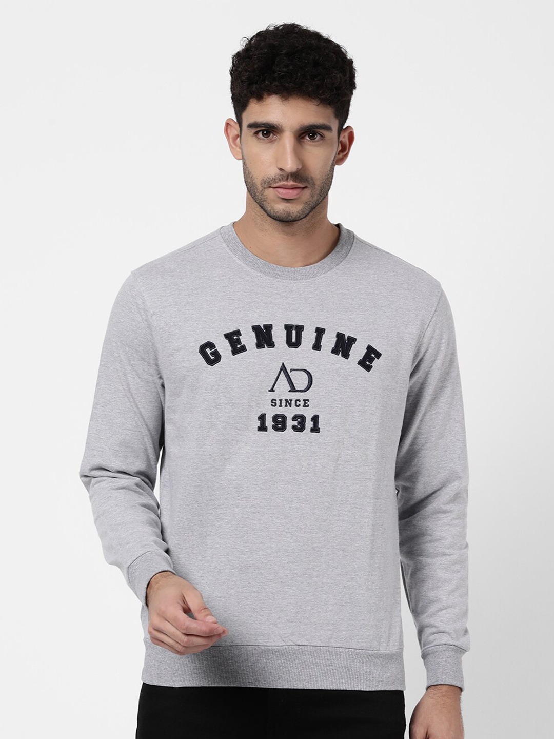 

AD By Arvind Men Grey Embroidered Pure Cotton Sweatshirt