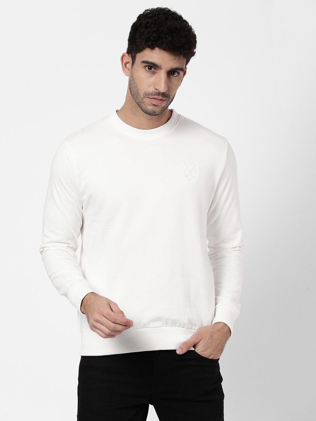 

AD By Arvind Men White Solid Pure Cotton Pullover Sweatshirt