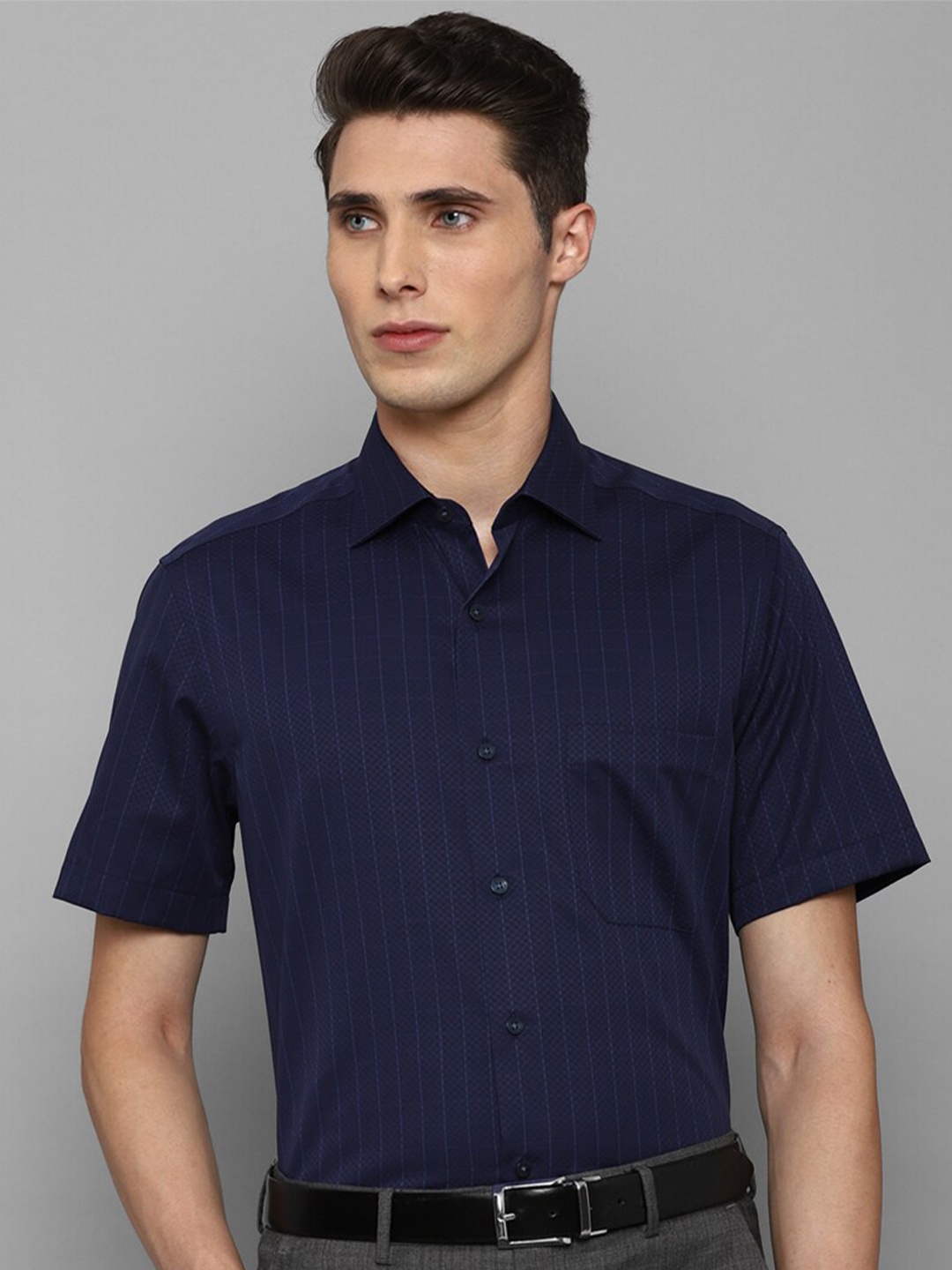 

Louis Philippe Men Navy Blue Grid Tattersall Checks Pure Cotton Formal Shirt