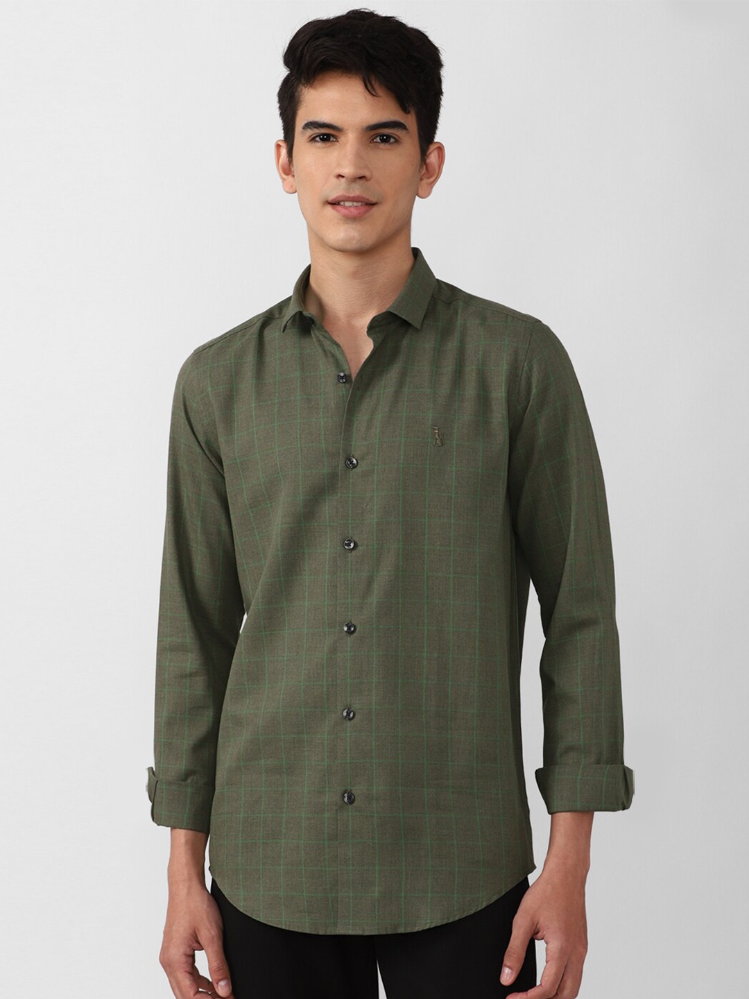 

SIMON CARTER LONDON Men Slim Fit Windowpane Checks Pure Cotton Casual Shirt, Olive