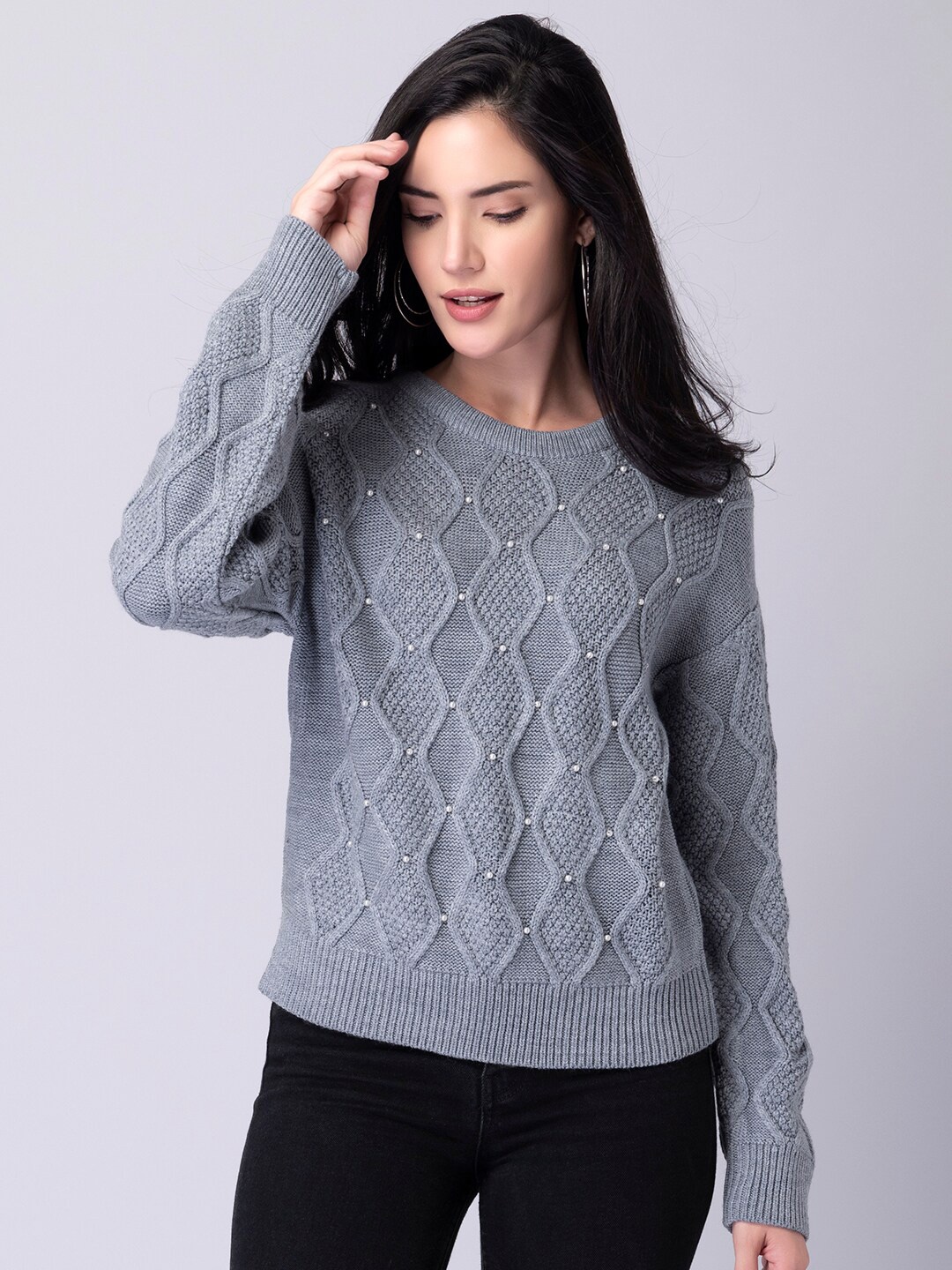 

FabAlley Women Grey & White Cable Knit Pullover