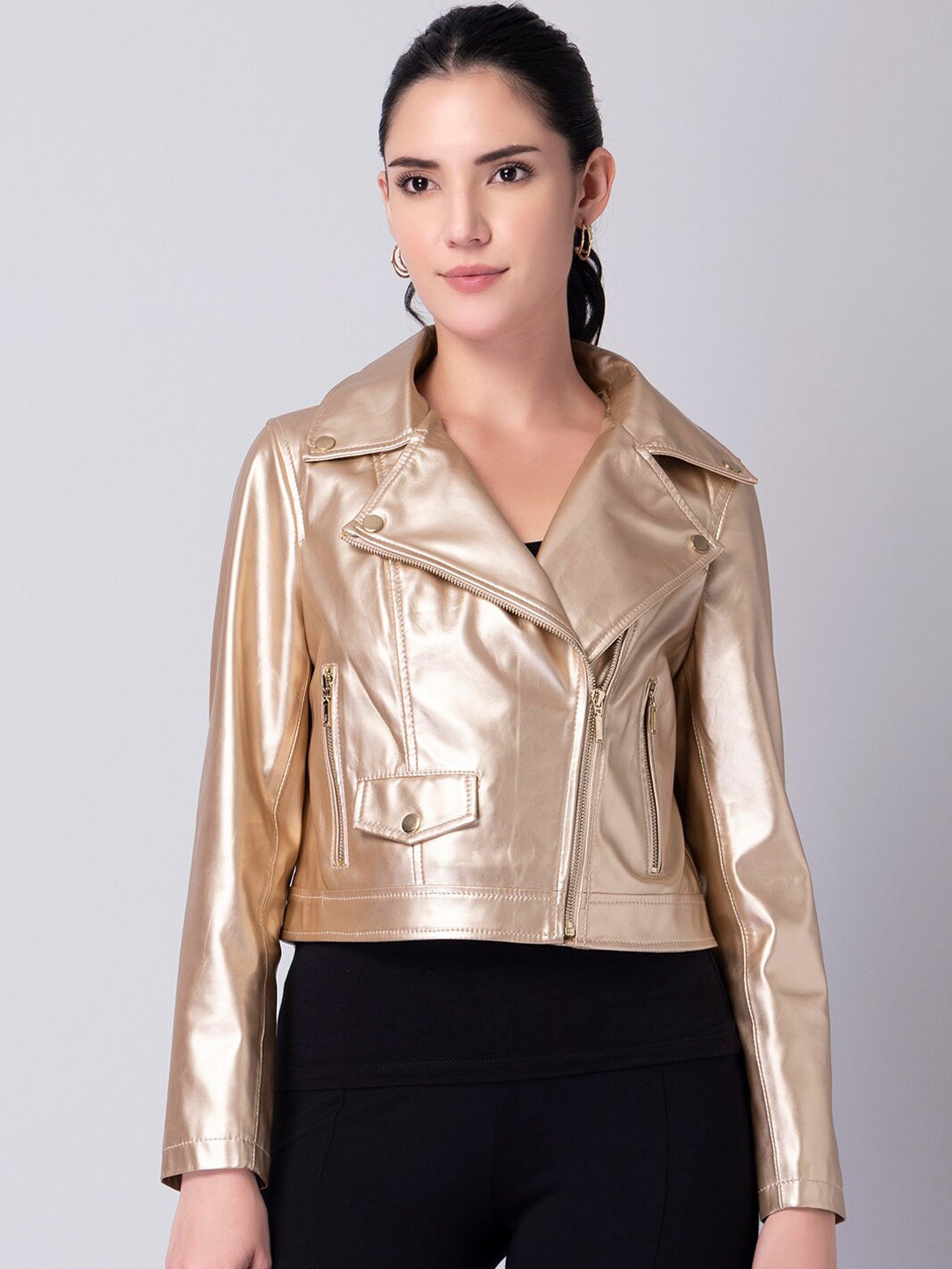 

FabAlley Women Gold-Toned Crop Biker Jacket