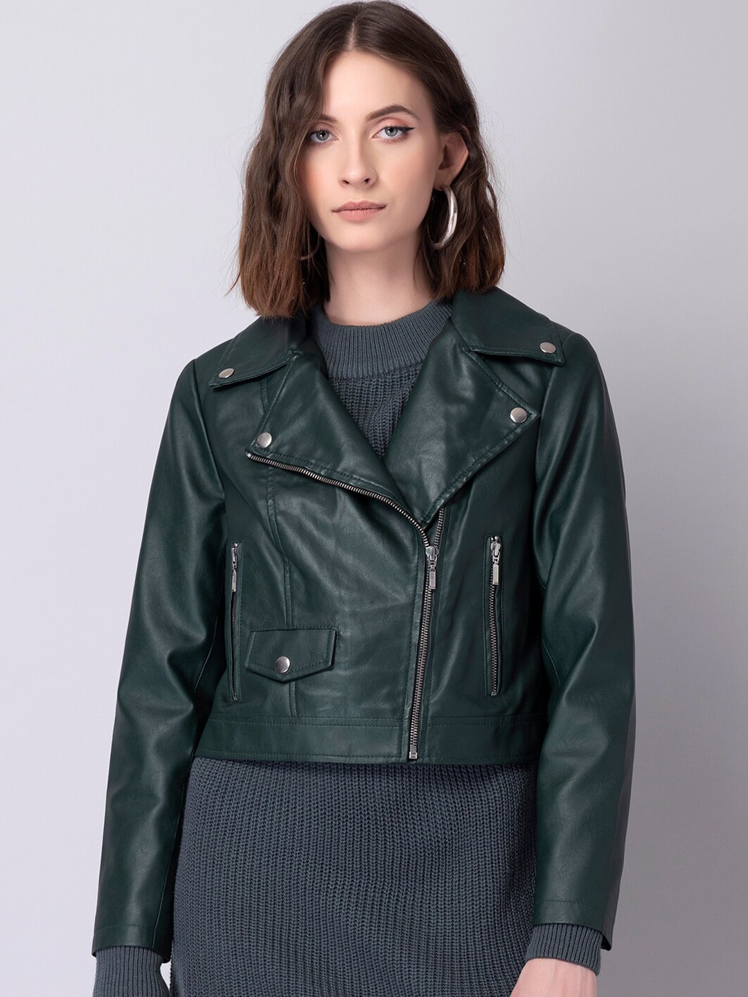 

FabAlley Women Green Crop Biker Jacket