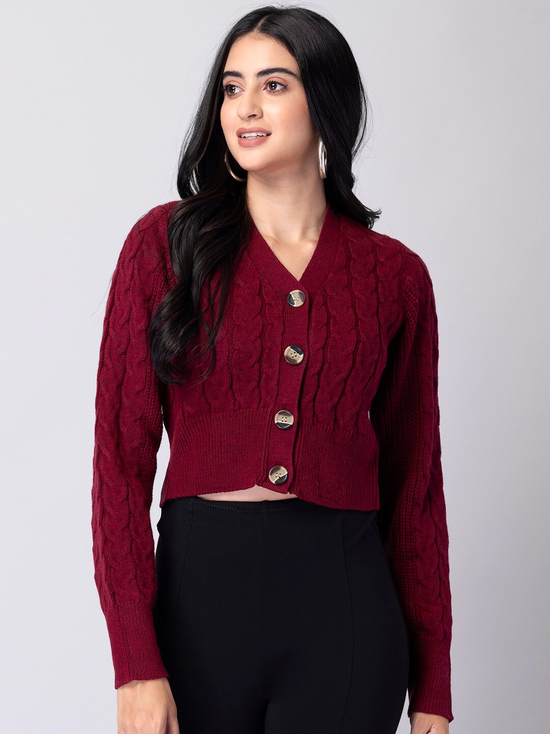 

FabAlley Women Maroon Cable Knit Crop Cardigan