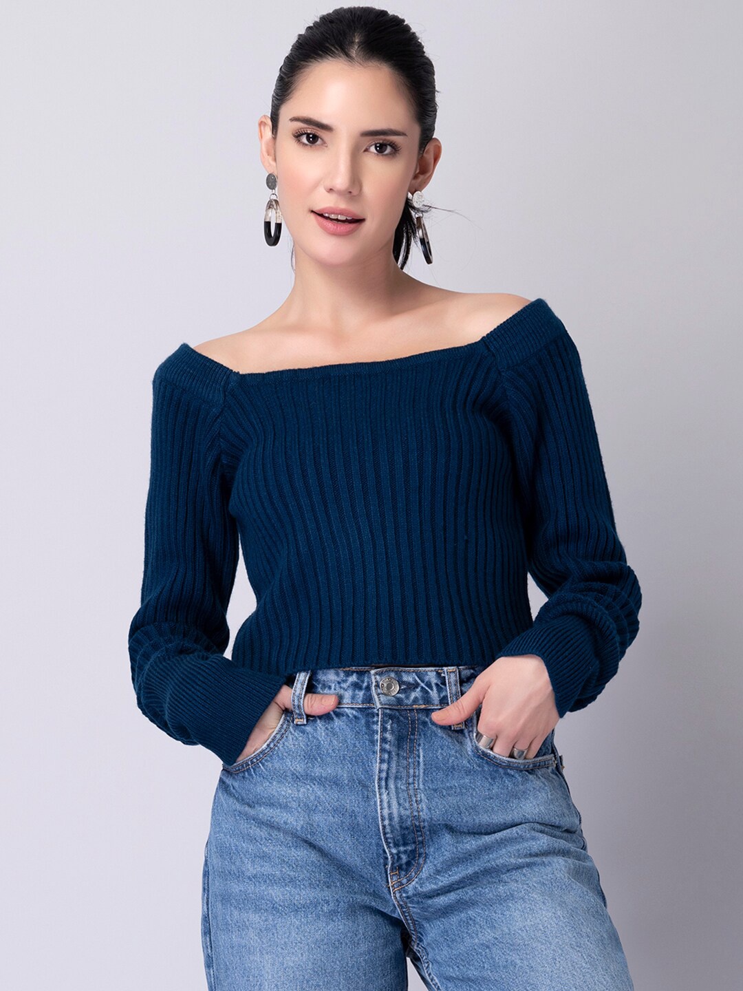 

FabAlley Women Blue Ribbed Crop Pullover