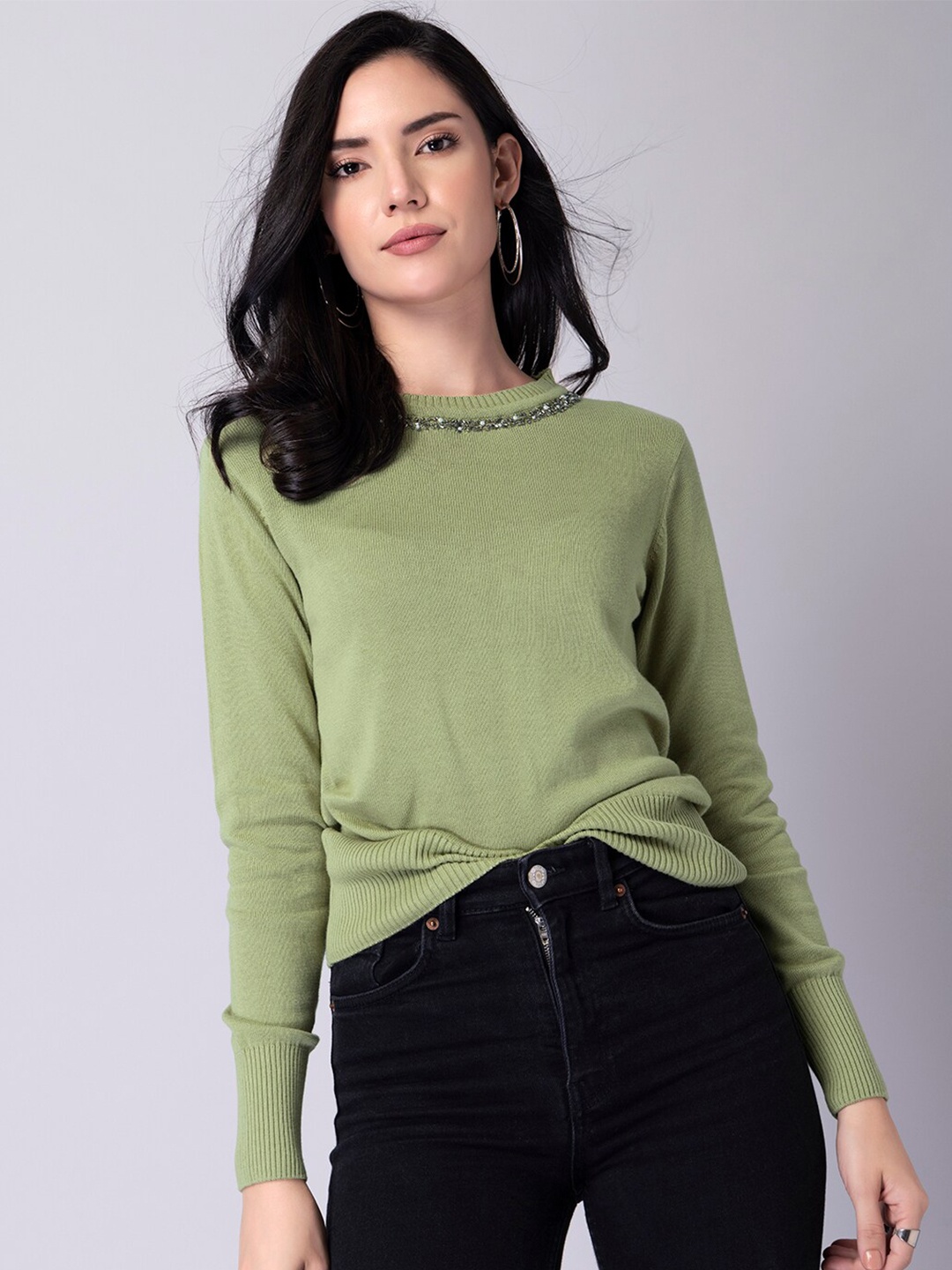 

FabAlley Women Green Solid Pullover