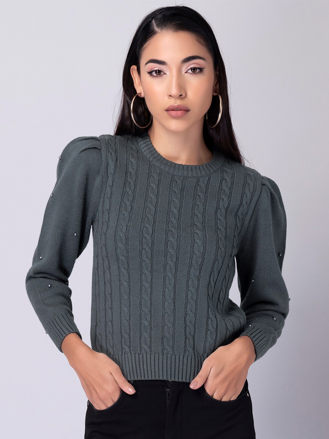 

FabAlley Women Grey Cable Knit Pullover