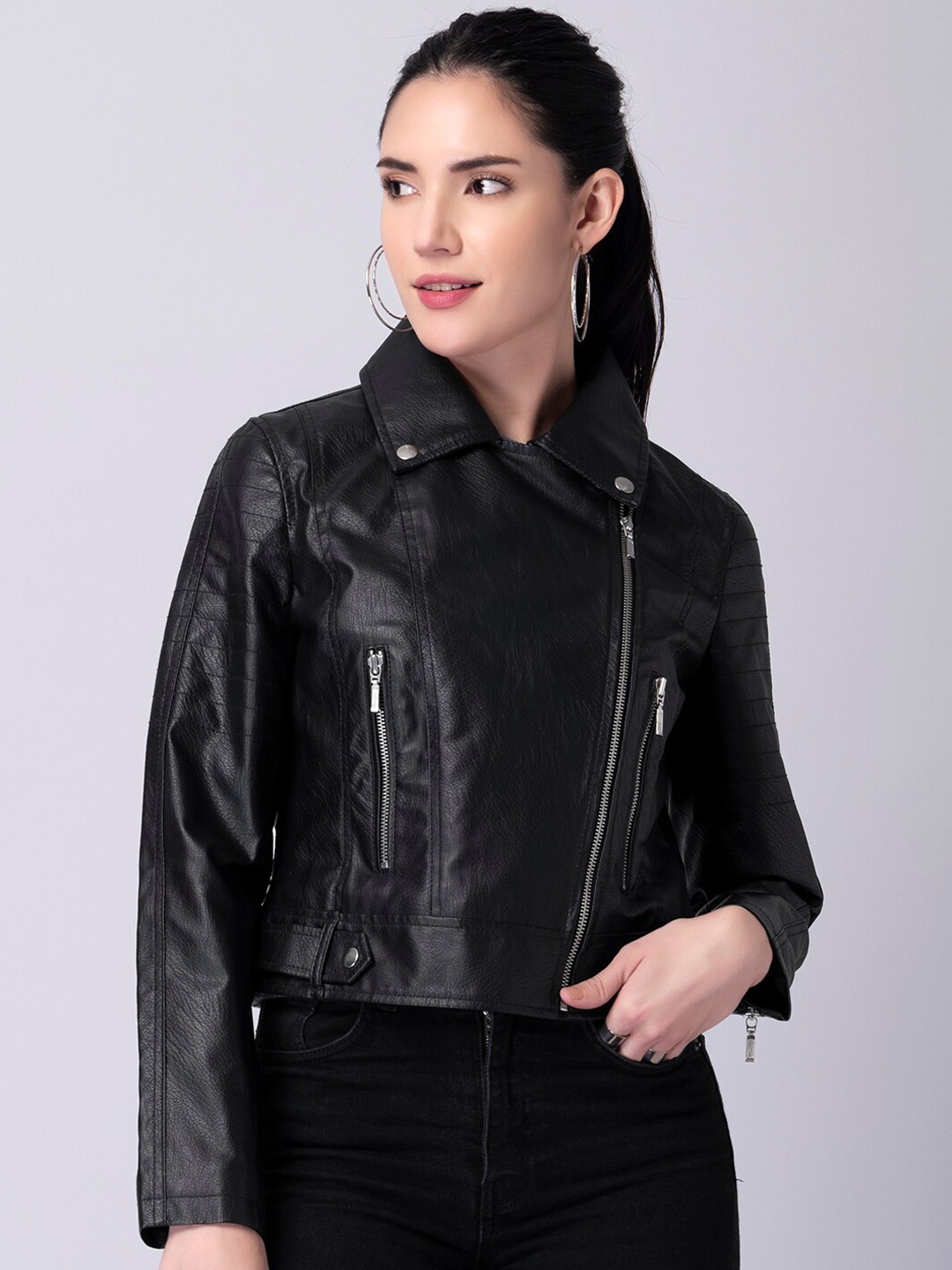 

FabAlley Women Black Crop Biker Jacket