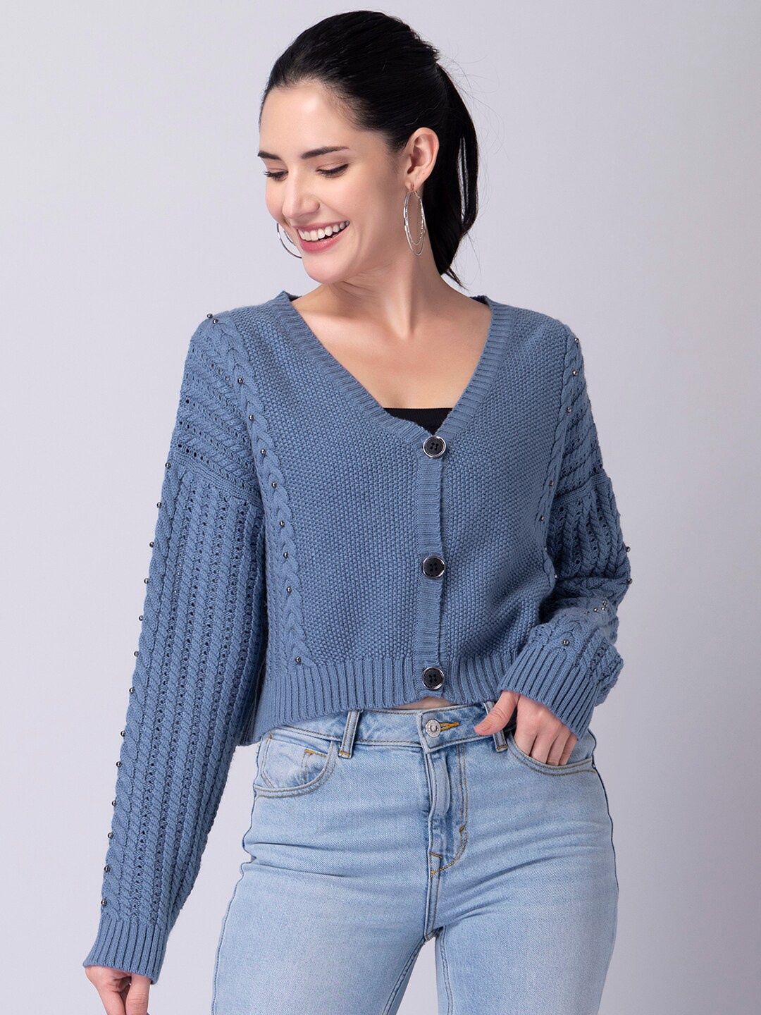 

FabAlley Women Blue & Black Cable Knit Crop Cardigan