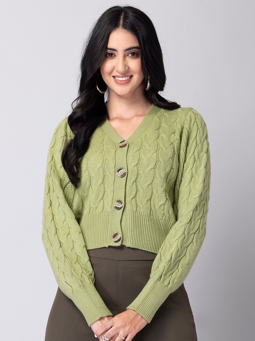 

FabAlley Women Green Cable Knit Crop Cardigan