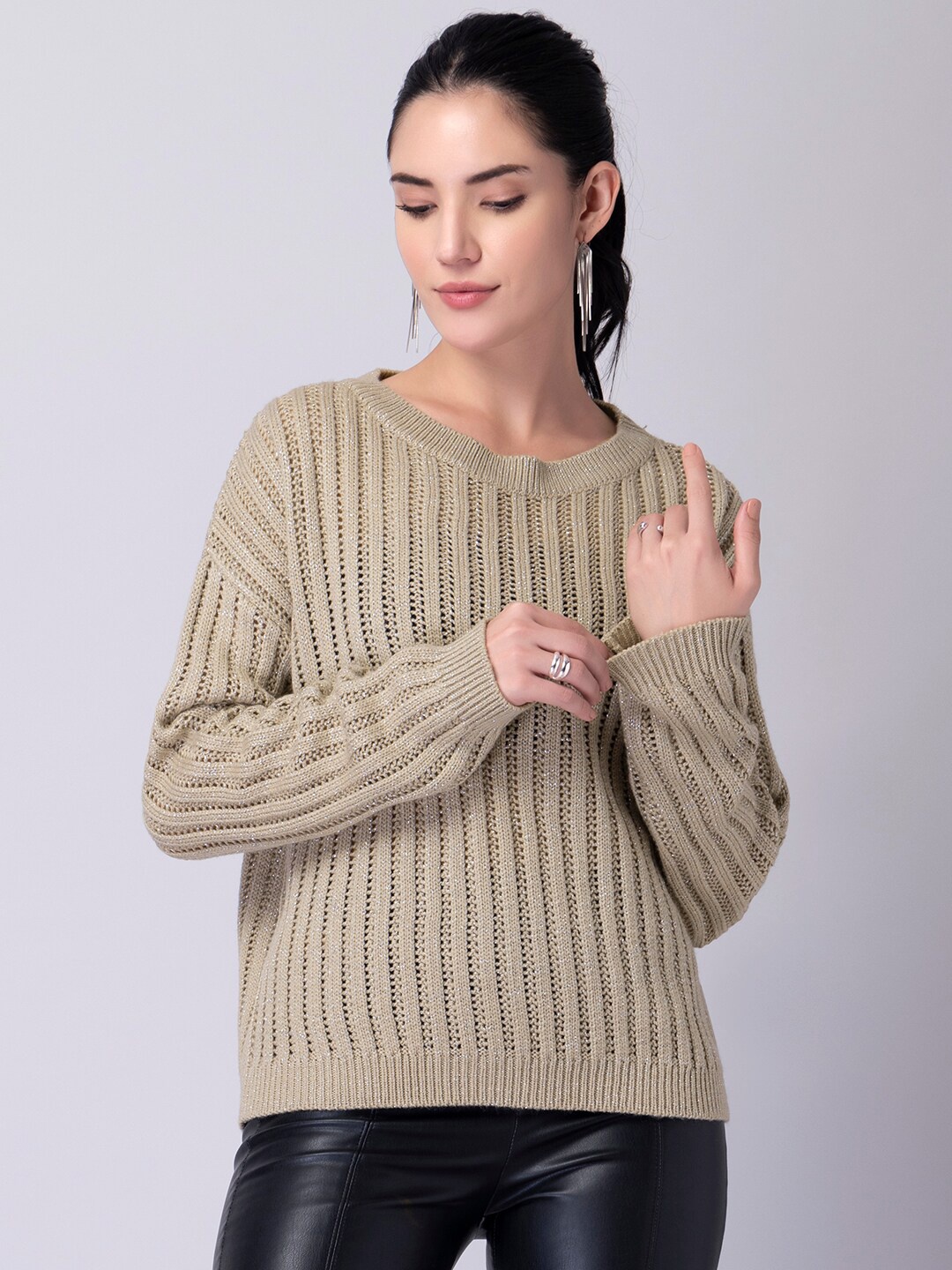 

FabAlley Women Beige Solid Pullover