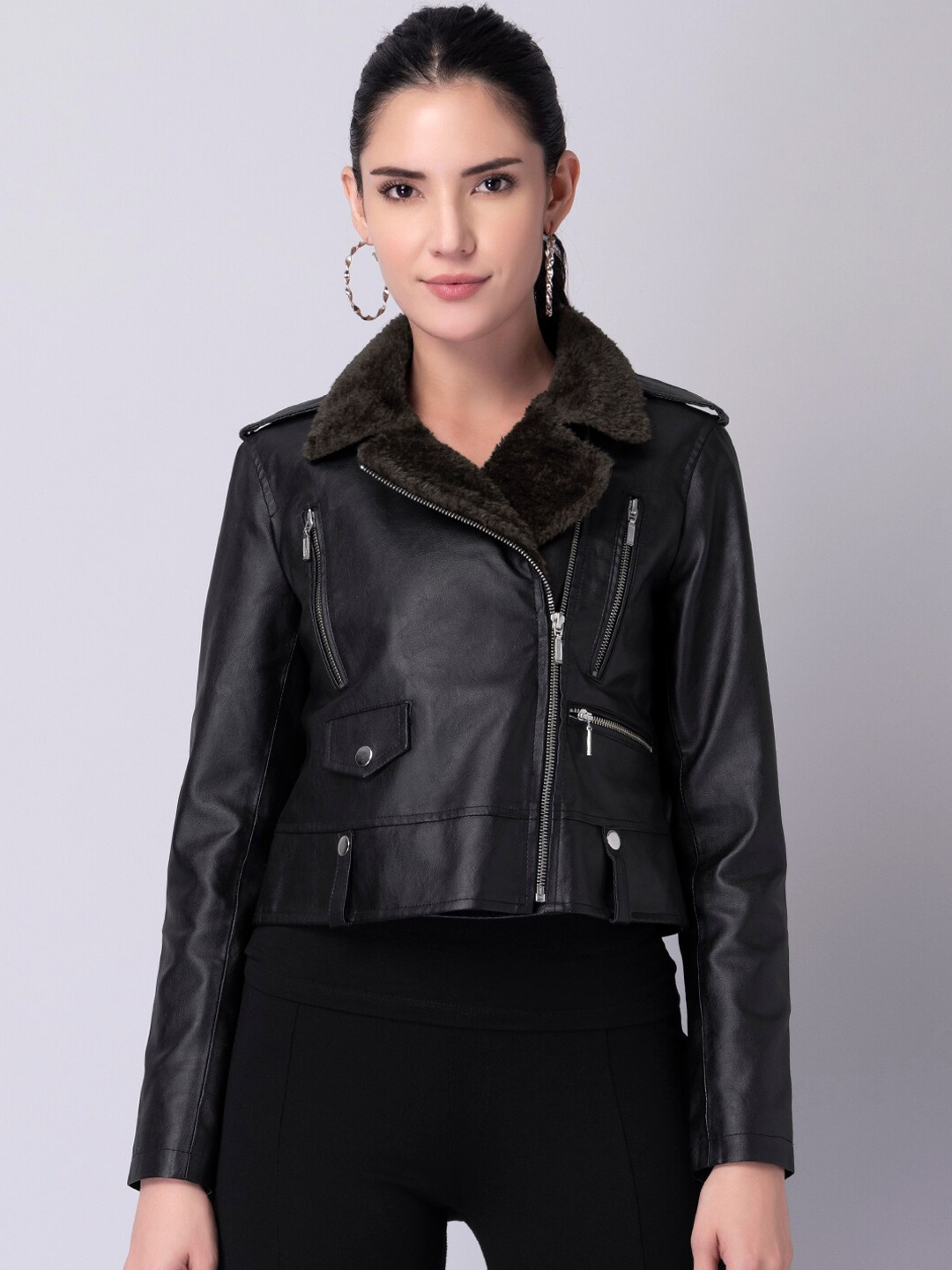 

FabAlley Women Black Crop Biker Jacket