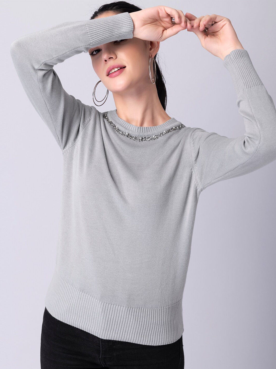 

FabAlley Women Grey Solid Pullover