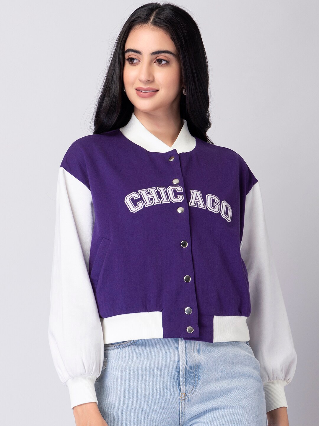 

FabAlley Women Purple Colourblocked Fleece Crop Varsity Jacket with Embroidered