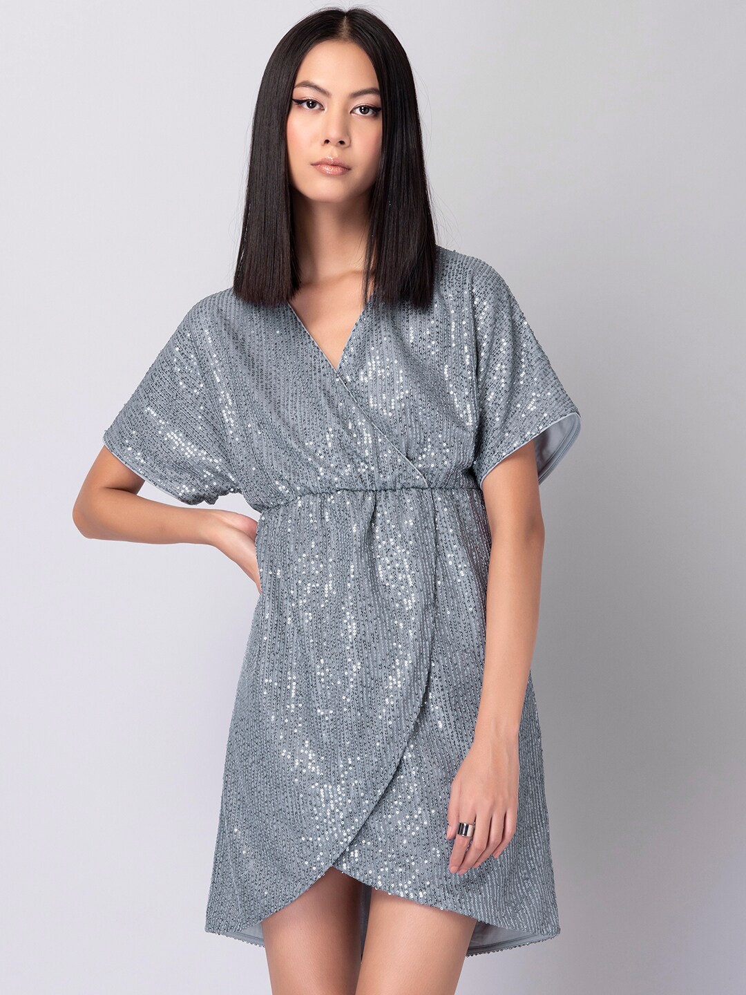 

FabAlley Women Silver-Toned Embellished Wrap Dress