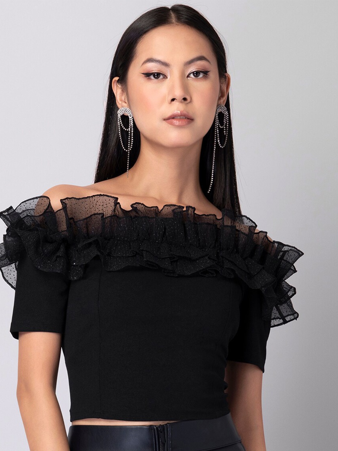 

FabAlley Women Black Off-Shoulder Ruffles Crop Top