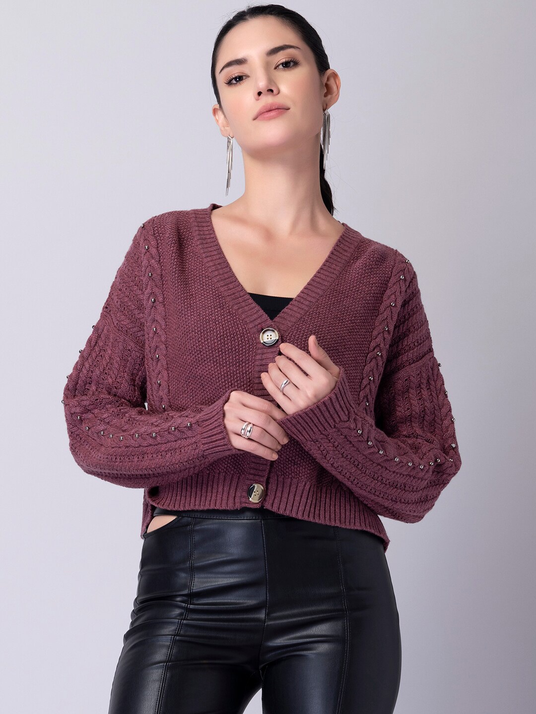 FabAlley Women Pink Cable Knit Crop Cardigan