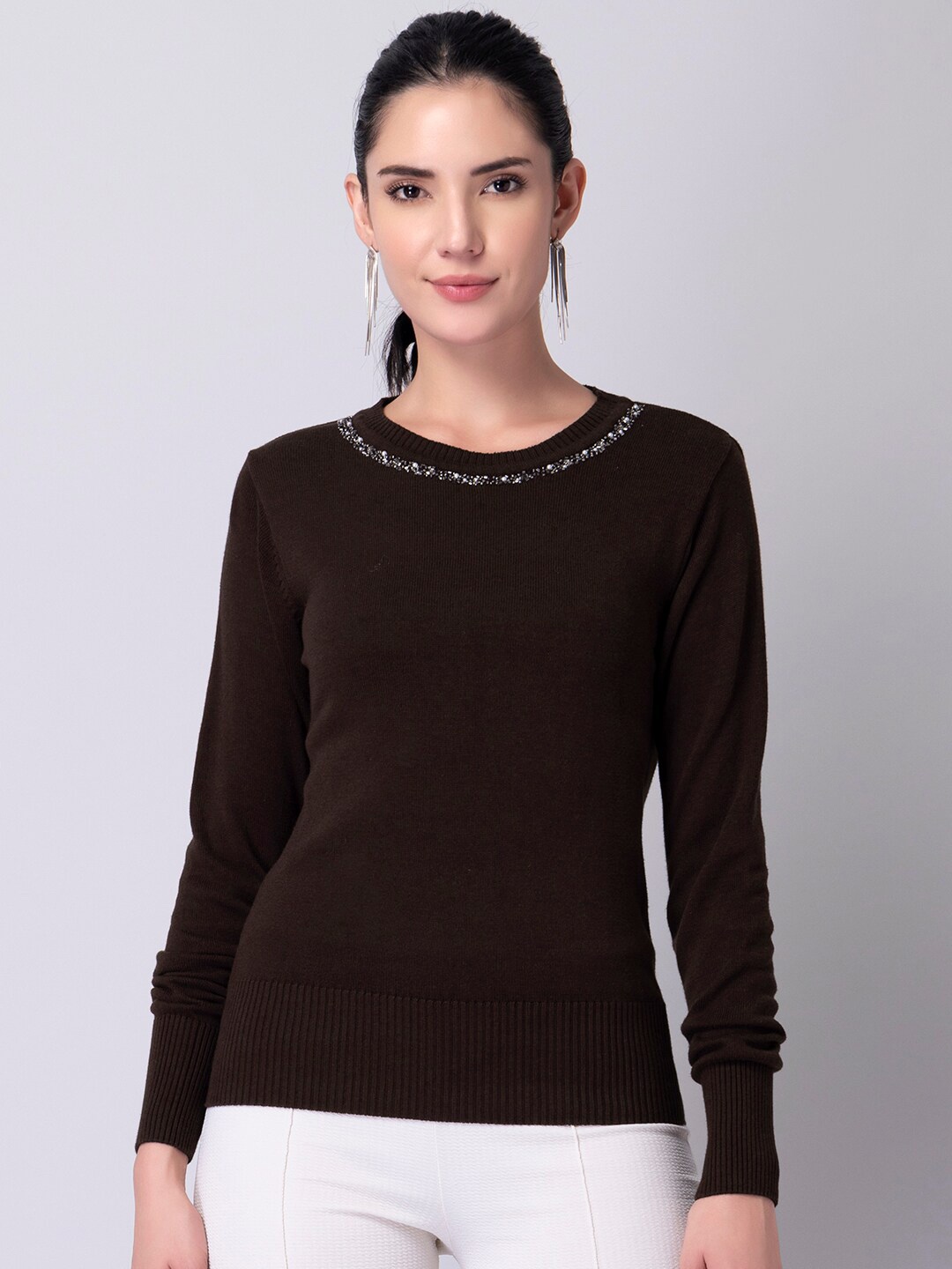 

FabAlley Women Brown & White Ribbed Pullover