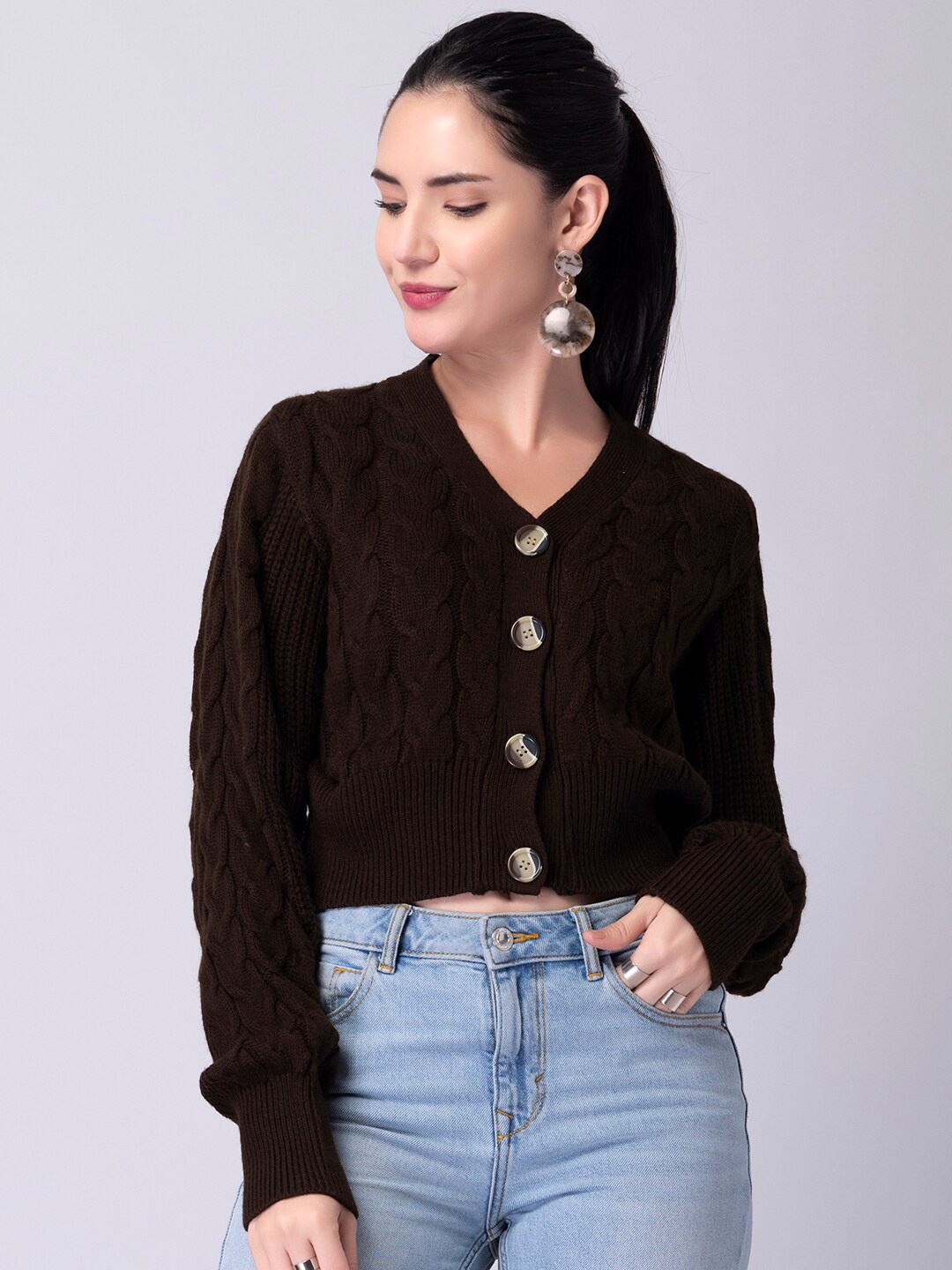 

FabAlley Women Brown Cable Knit Crop Cardigan