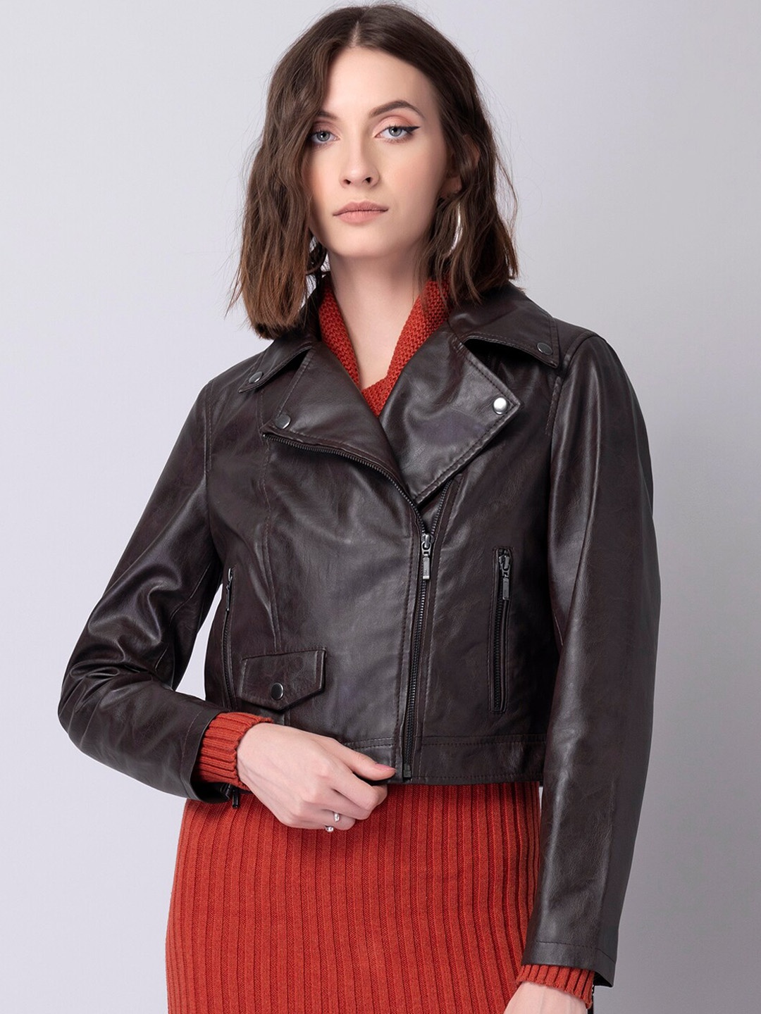 

FabAlley Women Brown Crop Biker Jacket