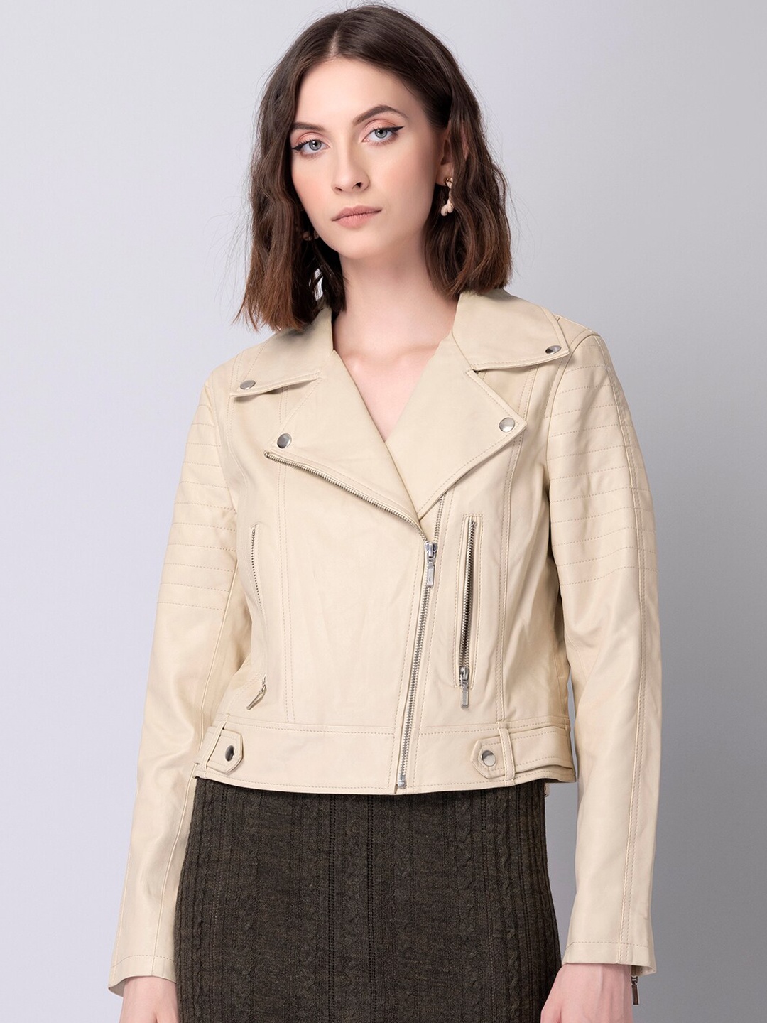 

FabAlley Women Off White Crop Biker Jacket