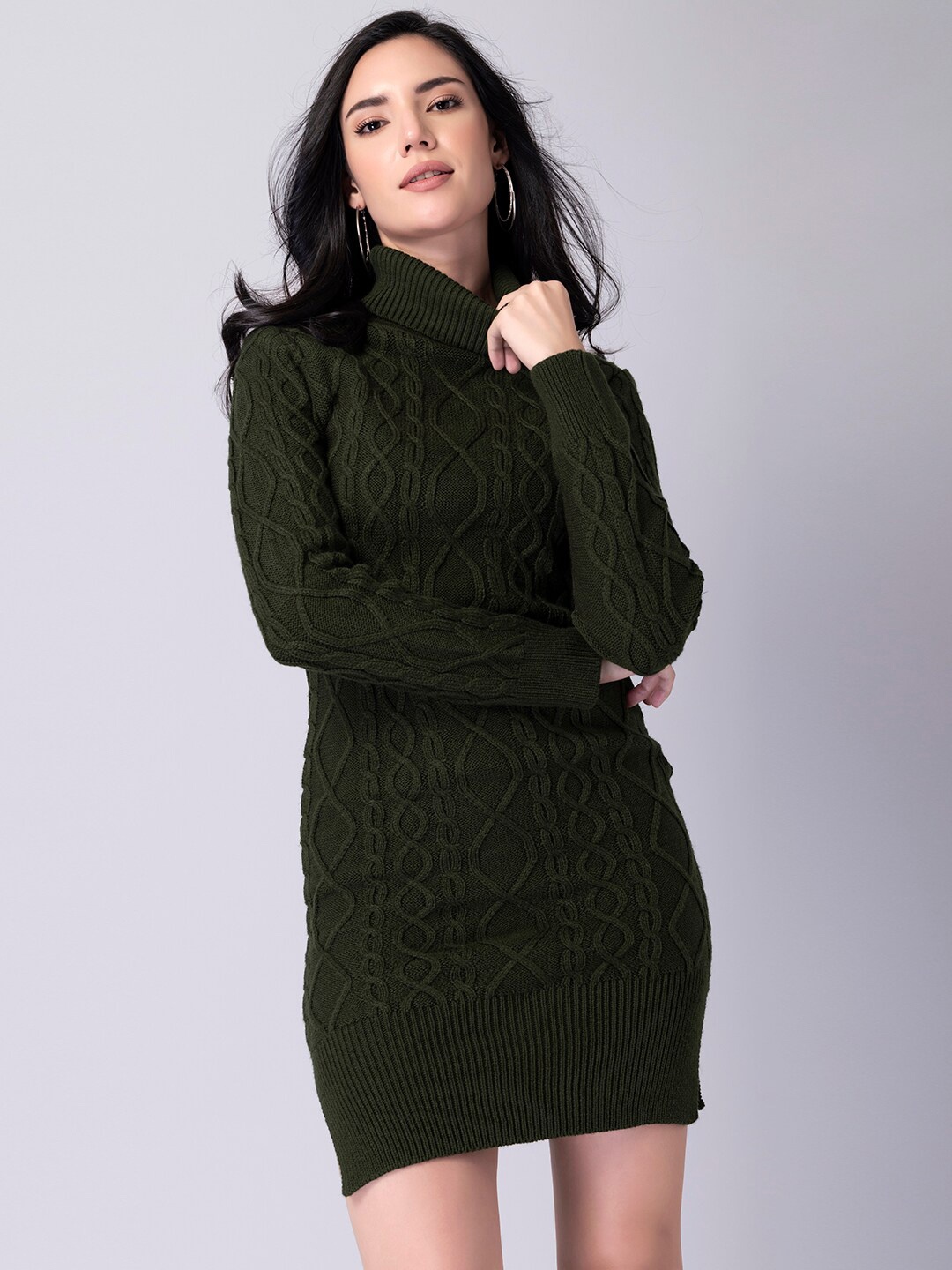 

FabAlley High Neck Cable Knit Sweater Dress, Olive