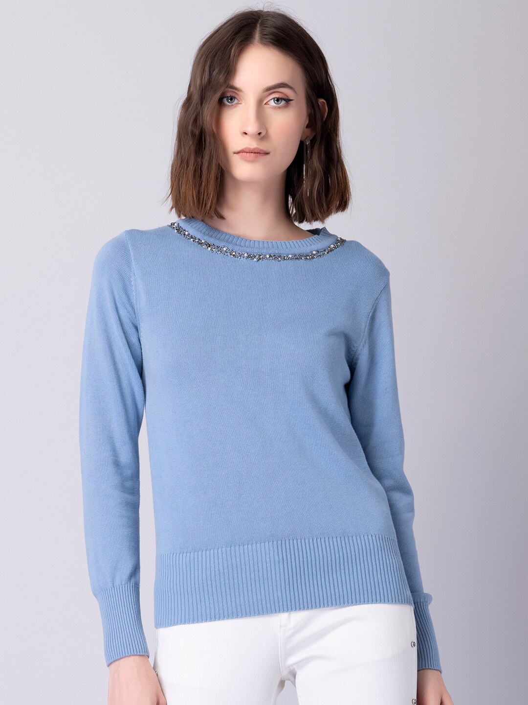 

FabAlley Women Blue Solid Pullover