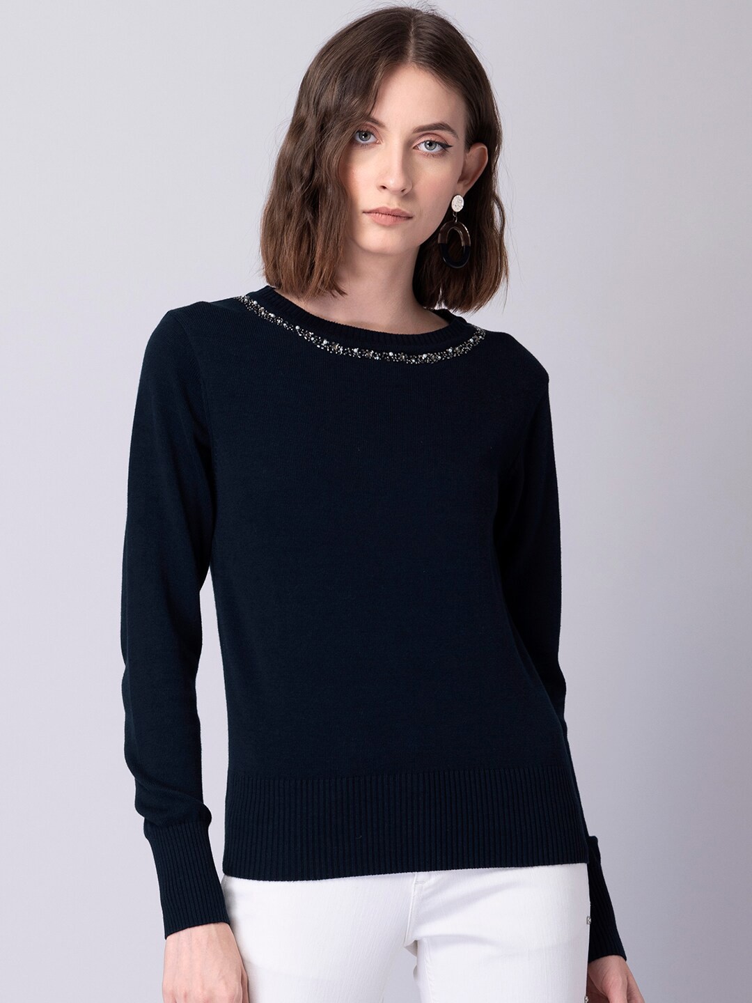 

FabAlley Women Navy Blue Solid Pullover