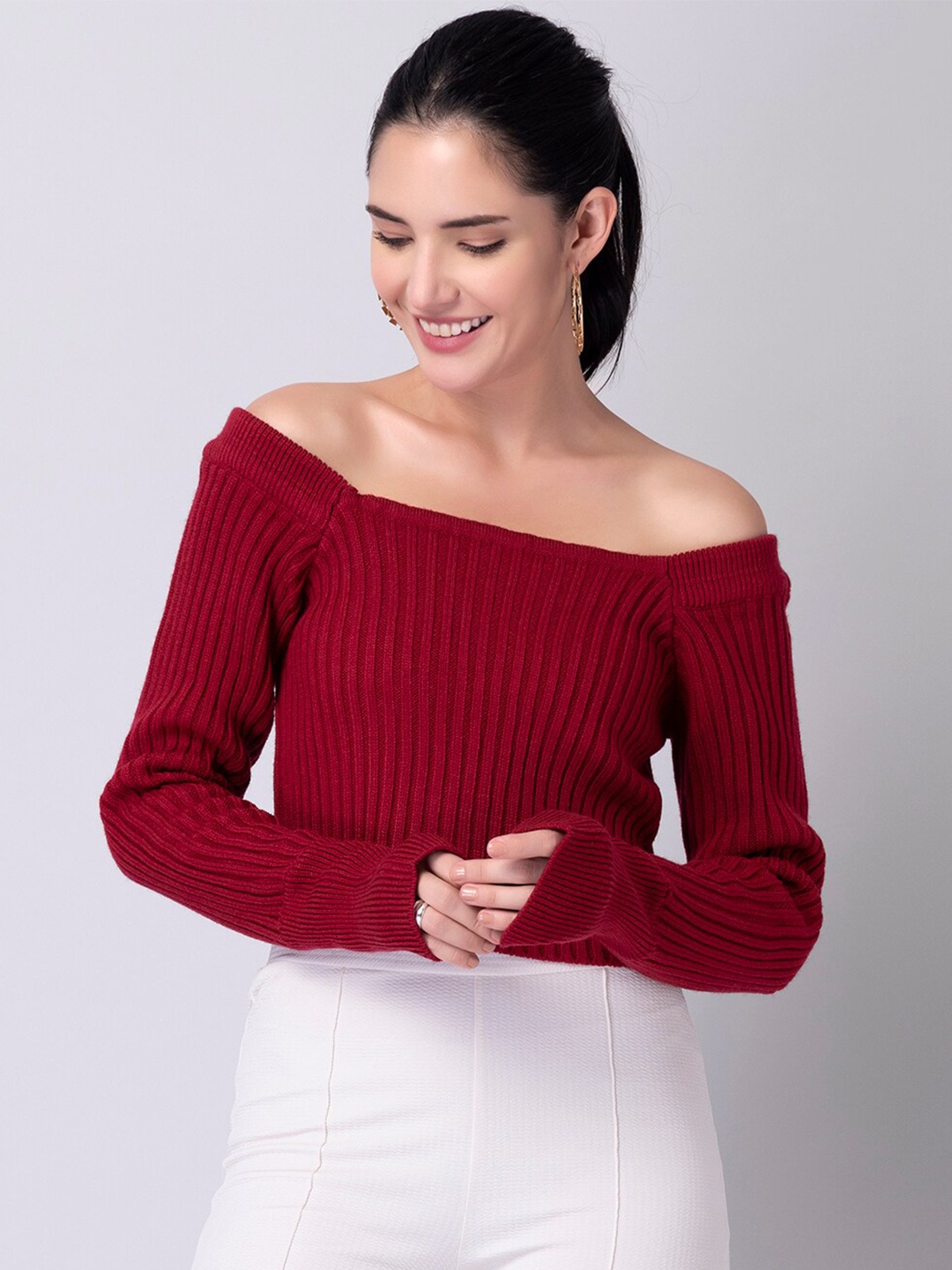 

FabAlley Women Red Ribbed Crop Pullover