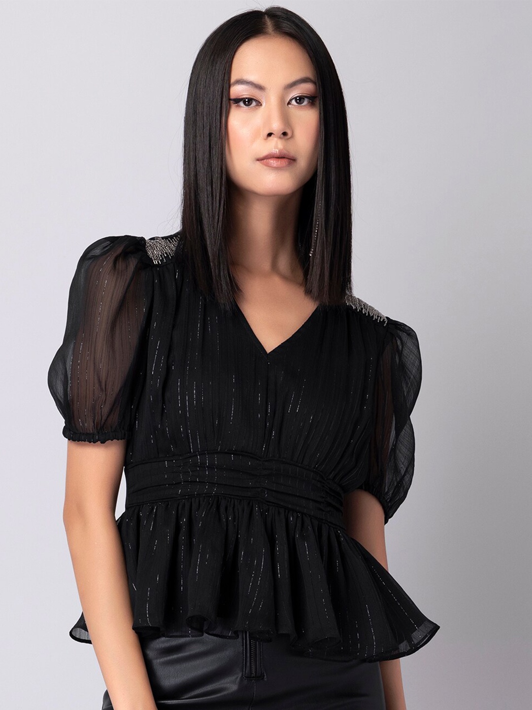 

FabAlley Women Black Georgette Peplum Top