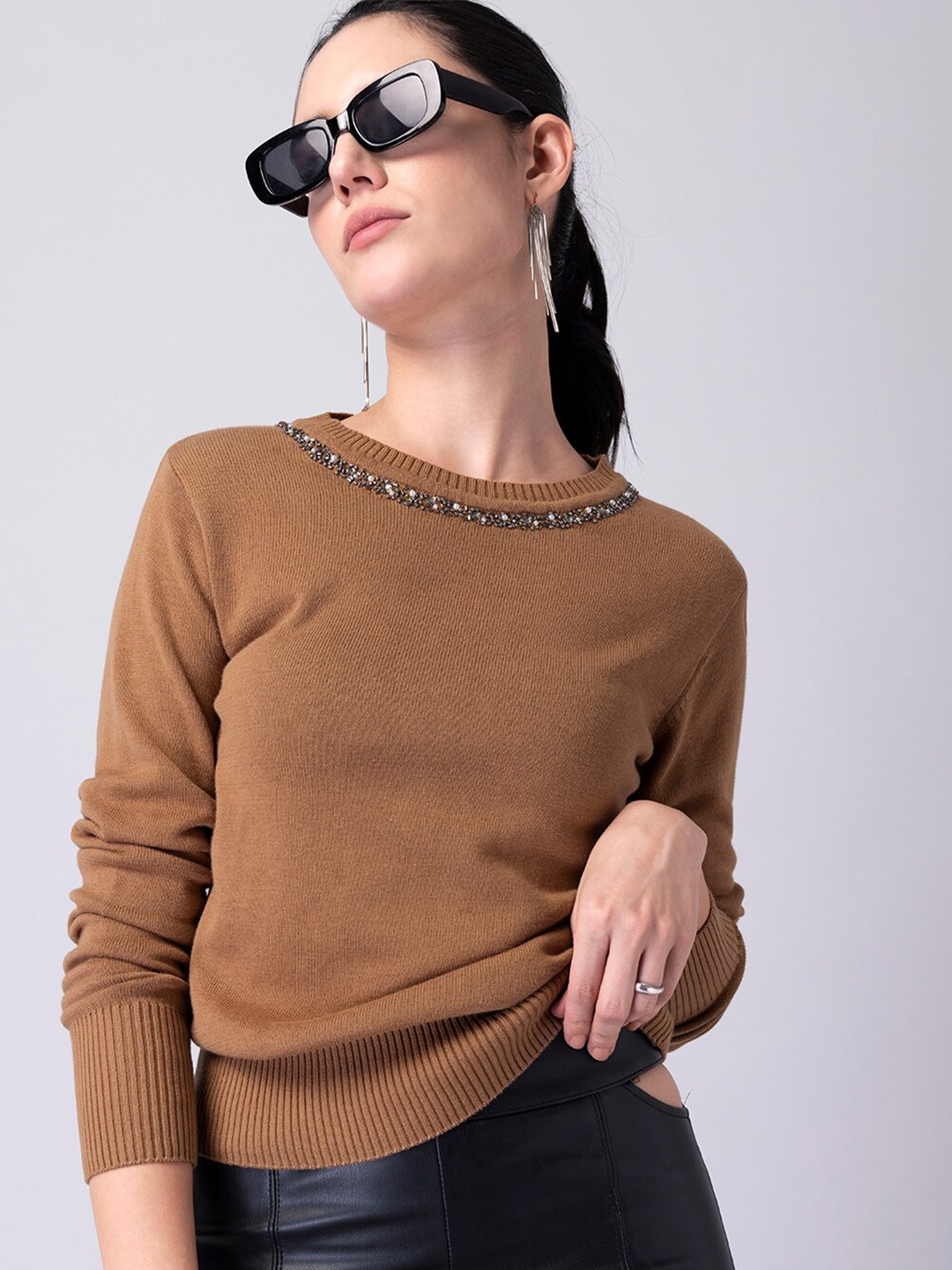 

FabAlley Women Brown Embroidered Pullover